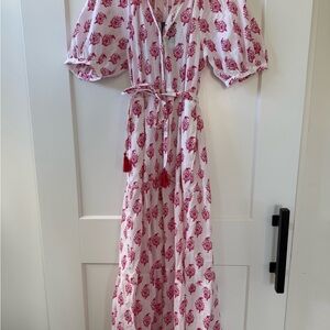 Roller Rabbit White Maxi Dress with Pink Floral Print and Tassel Tie